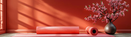 Serene Yoga Space with Rolled Mat and Blossoming Branches in Vase Against Warm Red Wall AI Generativeの素材