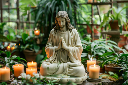 Tranquil Jesus Christ Statue in Prayer Surrounded by Lit Candles and Lush Greenery in Serene Environment AI Generativeの素材