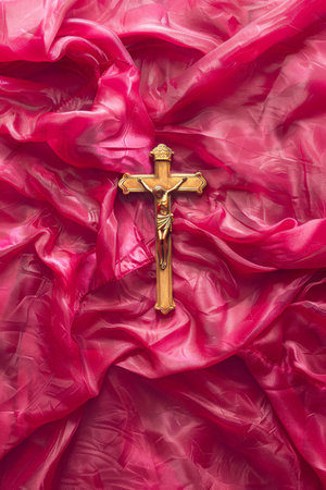Golden Crucifix on Luxurious Red Satin Fabric Background Religious Symbolism in Vibrant Hues AI Generativeの素材