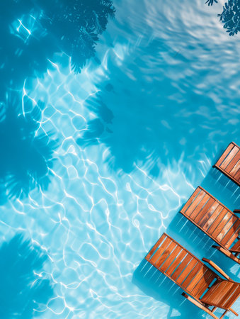 Overhead View of Blue Swimming Pool Water with Sunlight Reflections and Lounge Chairs AI Generativeの素材