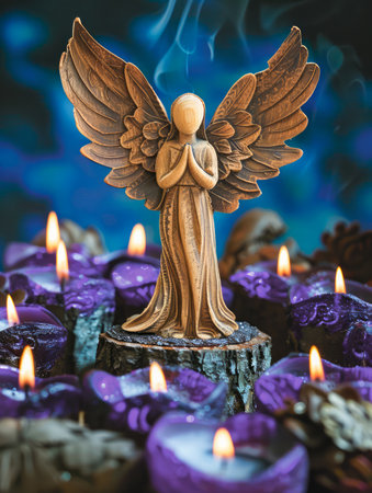 Wooden Angel Figurine with Wings Among Purple Candles and Mystical Smoke on a Blue Background AI Generativeの素材