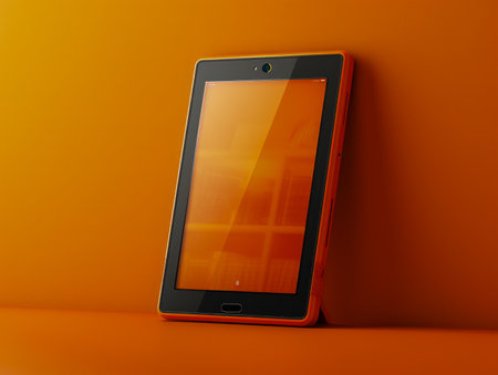 Modern Tablet with Orange Protective Case on a Matching Orange Background with Copy Space AI Generativeの素材