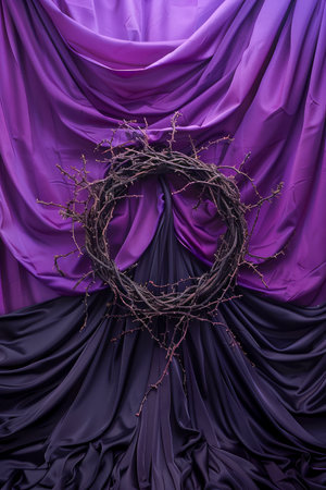 Elegant Purple Drapery Backdrop with Organic Wooden Wreath for Sophisticated Event Decoration and Design Concept AI Generativeの素材