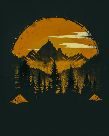 Vintage Style Wilderness Camping Scene with Mountains, Trees, and Tents Under a Moonlit Sky AI Generativeの素材