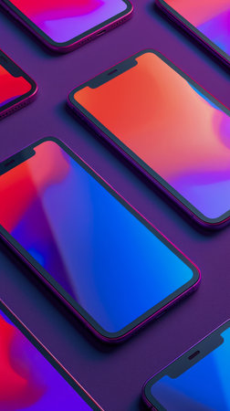 Group of Smartphones with Colorful Screens on Purple Background for Technology Concept AI Generativeの素材