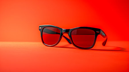 Fashionable Sunglasses with Black Frames on Vibrant Red Background, Stylish Summer Accessory Concept, Modern Eyewear Design AI Generativeの素材