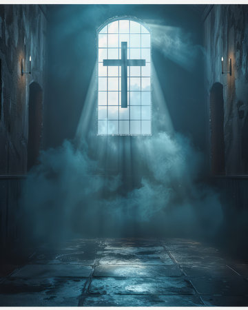 Mysterious Church Interior with Cross Window Illuminated by Ethereal Light Amidst Mist AI Generativeの素材
