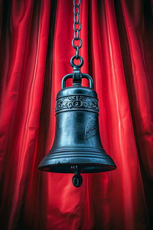 Vintage Bell with Ornate Designs Hanging Against Rich Red Velvet Curtain Background AI Generativeの素材