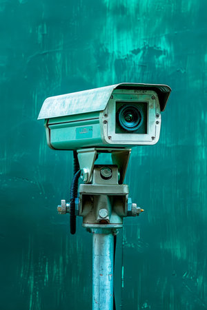 Modern Surveillance Camera on Metallic Pole against Textured Teal Background for Security Monitoring and Privacy Concept AI Generativeの素材