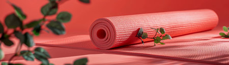 Coral Yoga Mat on a Pink Background with Fresh Green Leaves for Wellness and Mindfulness AI Generativeの素材