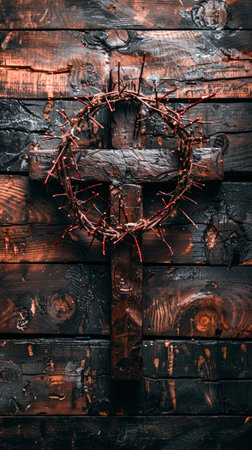 Rustic Wooden Cross with Crown of Thorns on Dark Textured Background, Symbol of Christianity and Faith AI Generativeの素材