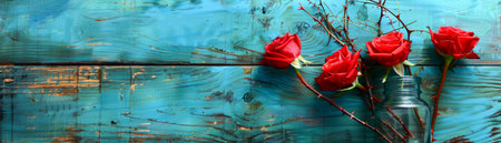 Vibrant Red Roses Against Rustic Turquoise Wooden Background Romantic Floral Wallpaper Concept AI Generativeの素材
