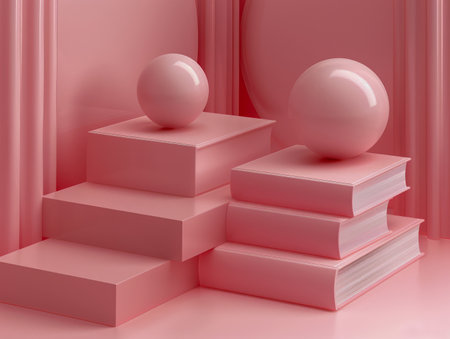Abstract Minimalist Pink Staircase Display with Spheres for Product Presentation AI Generativeの素材