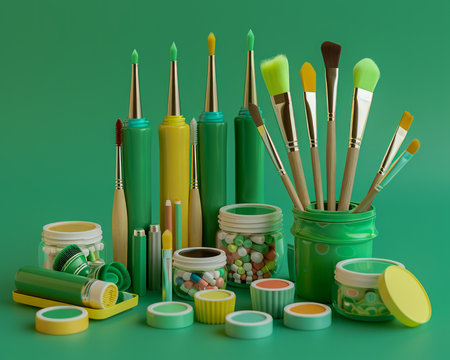 Assorted Green Art Supplies and Stationery on Green Background for Creative Projects AI Generativeの素材
