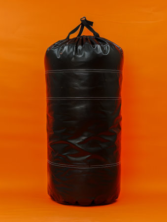 Black Heavy Punching Bag Against Vivid Orange Background for Boxing and Fitness Training AI Generativeの素材