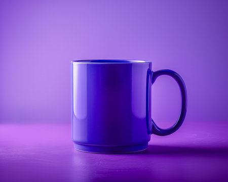 Elegant Blue Ceramic Mug on a Vibrant Purple Background with Soft Lighting and Minimalist Design AI Generativeの素材