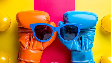 Brightly Colored Boxing Gloves and Sunglasses on Yellow and Pink Background Concept of Fun and Active Summer Sports AI Generativeの素材