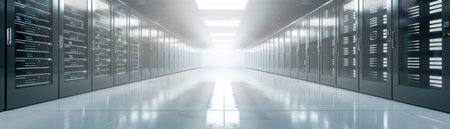 Modern Data Center with Rows of High Powered Servers and Bright Illumination Concept for Cloud Computing, Network Connectivity and Information Storage AI Generativeの素材