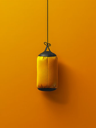 Vibrant Yellow Hanging Pendant Light on a Warm Orange Backdrop with Minimalist Design Aesthetic AI Generativeの素材
