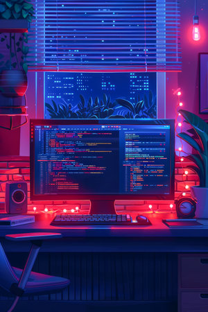 Modern Home Office Setup with Programming Code on Computer Screen in a Neon Lit Room at Night AI Generativeの素材