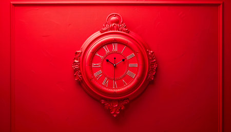 Vintage Red Wall Clock on a Textured Red Background with Ornate Details AI Generativeの素材
