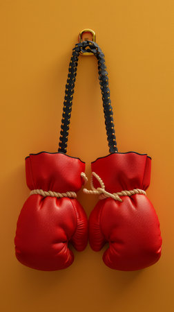 Red Boxing Gloves Hanging on Yellow Background Concept of Combat Sports, Training, and Fitness AI Generativeの素材