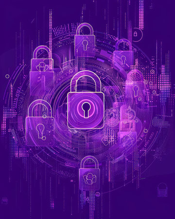 Futuristic Cybersecurity Concept with Padlocks in Digital Space, Cyber Protection and Network Safeguard, Virtual Encryption Symbols on Purple Background AI Generativeの素材