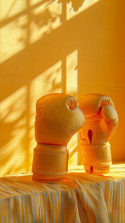 Vibrant Yellow Boxing Gloves with Shadow Patterns on Textured Background in Sunlight AI Generativeの素材