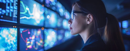 Young Female Professional Analyzing Data on Multiple Computer Screens in a High Tech Control Room AI Generativeの素材