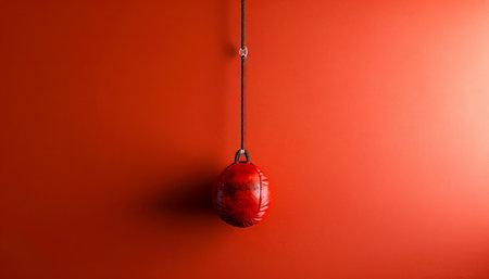 Minimalist Red Punching Bag on Solid Color Background Fitness and Strength Concept AI Generativeの素材