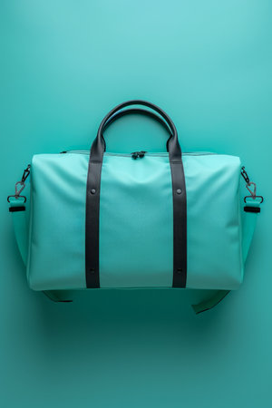 Stylish Teal Duffle Bag with Black Handles on a Clean Turquoise Background Modern Travel Luggage Aesthetic AI Generativeの素材