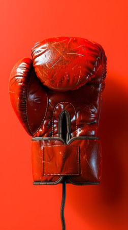 Red Professional Boxing Glove on Vibrant Orange Background Sport, Combat, Strength Concept AI Generativeの素材