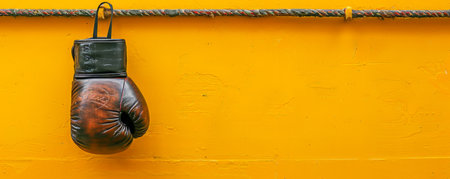 Vintage Boxing Glove Hanging Against Vibrant Yellow Wall Sports, Fitness, and Challenge Concept AI Generativeの素材