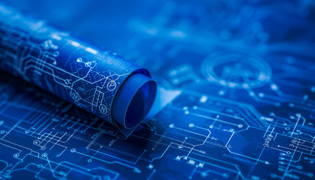 Blueprints on Blue Circuit Board Background Engineering Design Concept with Close up of Rolled Plans AI Generativeの素材