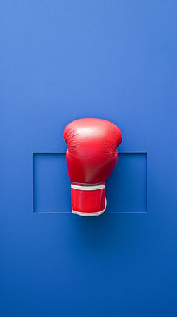 Single Red Boxing Glove Positioned in Center Frame Against a Vibrant Blue Background with Geometric Shape AI Generativeの素材