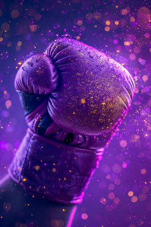 Close up of a Boxing Glove Amidst Sparkles on a Purplish Pink Bokeh Background Sports and Fitness Conceptual Imagery AI Generativeの素材