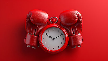 Red Boxing Gloves and Clock on Vibrant Red Background Conceptual Image for Time Management, Competition, and Deadline AI Generativeの素材