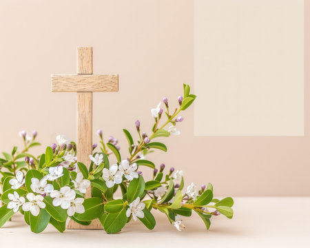 Wooden Cross Surrounded by White Blossoms on Soft Beige Background Christian Faith and Easter Concept AI Generativeの素材