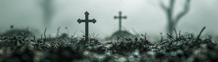 Atmospheric Misty Cemetery Scene with Silhouetted Crosses and Gloomy Trees in Monochrome Tones AI Generativeの素材