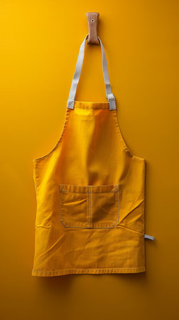 Bright Yellow Apron Hanging on Yellow Background Perfect for Culinary, Art, or Craft Activities AI Generativeの素材