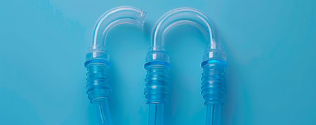 Transparent Acrylic Umbrella Handles on Blue Background, Minimalistic Design Concept AI Generativeの素材