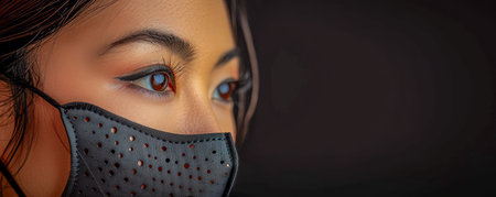 Close up Portrait of a Woman with Red Eyes Wearing a Black Protective Face Mask on Dark Background AI Generativeの素材