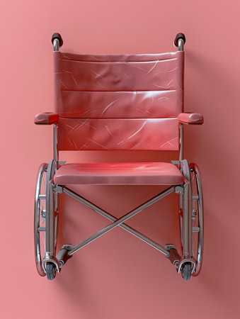 Modern Red Wheelchair Isolated on Pink Background, Empty Medical Mobility Aid Chair, Healthcare Concept AI Generativeの素材