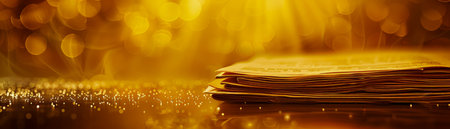 Glowing Golden Light on Old Open Book Pages, Soft Bokeh Background, Concept for Imagination, Knowledge, Education AI Generativeの素材