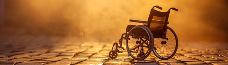 Empty Wheelchair in Serene Sunset Light on Cobblestone Street Symbolizing Hope, Challenge, Accessibility, and Overcoming Disability Barriers AI Generativeの素材