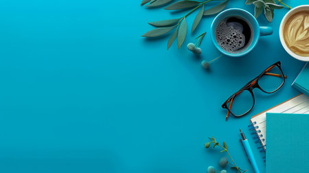 Top View Work Desk with Coffee, Glasses, and Notebook on Turquoise Background AI Generativeの素材
