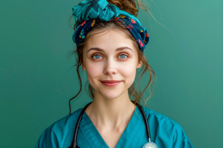 Portrait of a Young Female Healthcare Professional with Stethoscope and Colorful Headscarf on Green Background AI Generativeの素材