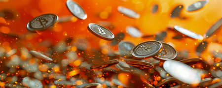 Dynamic Rain of Silver Coins on a Vibrant Orange Background Illustrating Financial Abundance and Wealth AI Generativeの素材