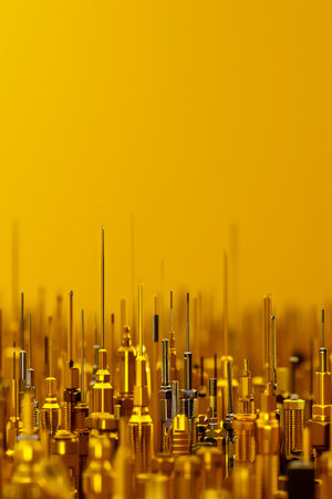 Abstract Golden Background with Shimmering Bokeh and Vertical Metal Rods Conceptual Modern Art AI Generativeの素材