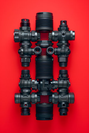 Assortment of Professional Camera Lenses Organized Symmetrically on a Vibrant Red Background AI Generativeの素材